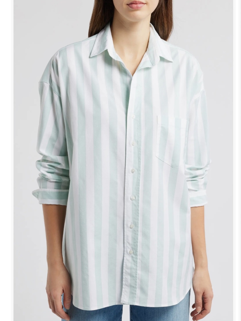 Frank & Eileen Sz Lg Shirley Oversized Button-Up in Wide Sage Stripe